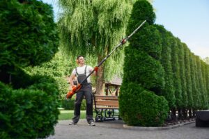Full length portrait of a strong male gardener using an electric trimmer to shape an overgrown hedge outdoors