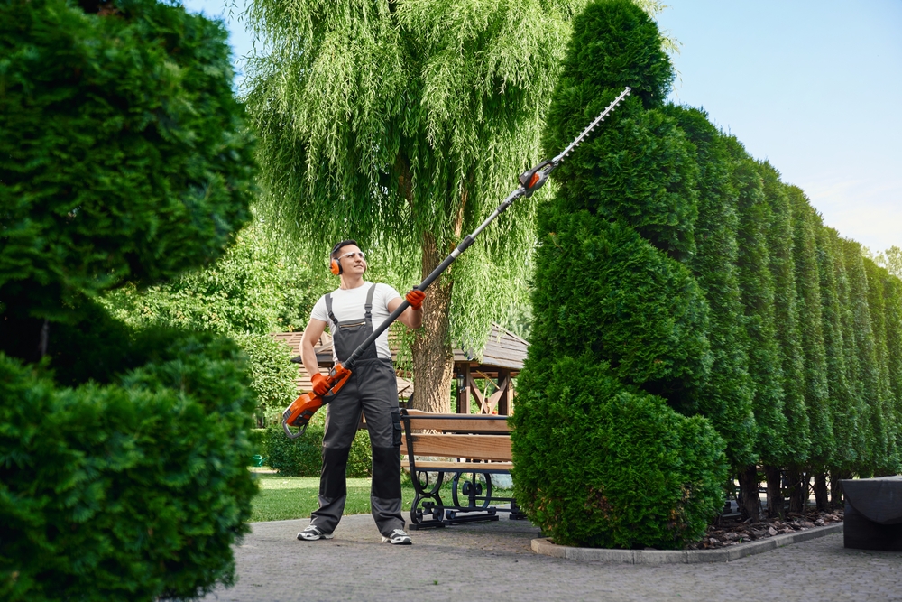 Full length portrait of a strong male gardener using an electric trimmer to shape an overgrown hedge outdoors